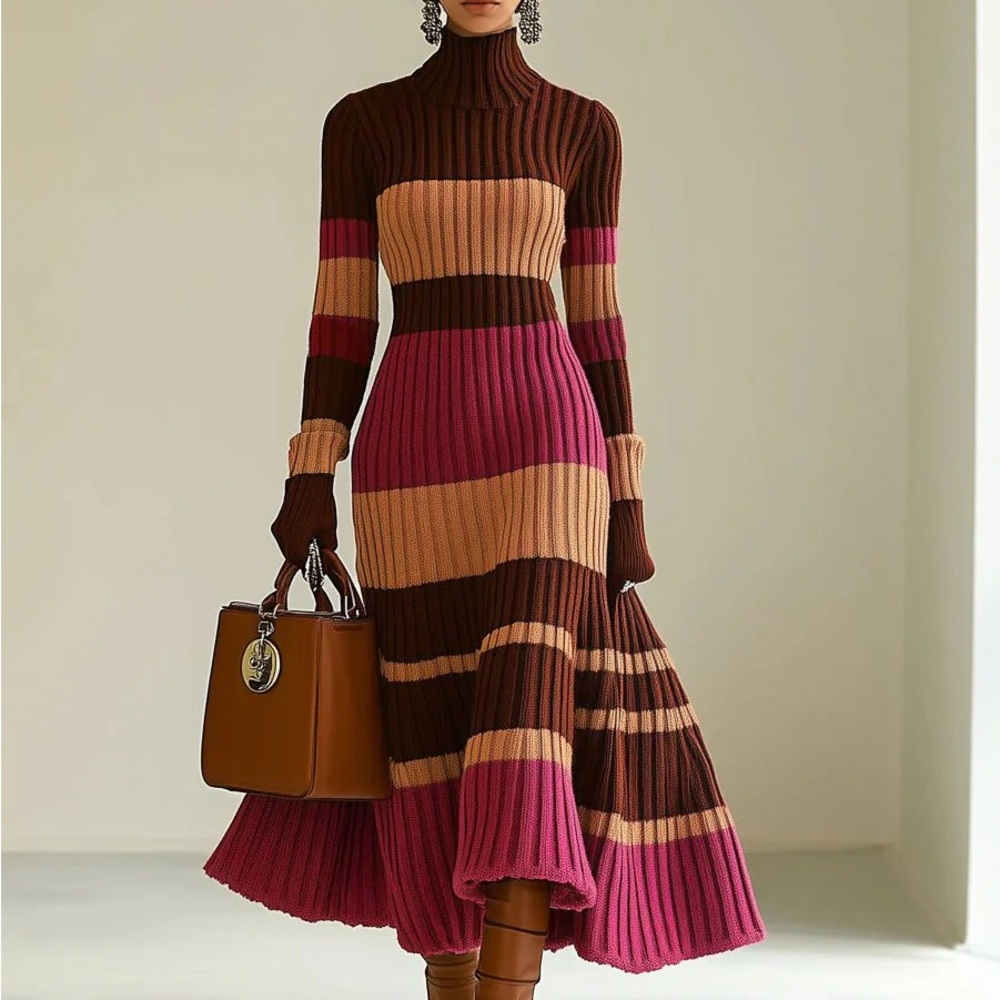 Chic Multicolor Striped Long Sleeve Dress